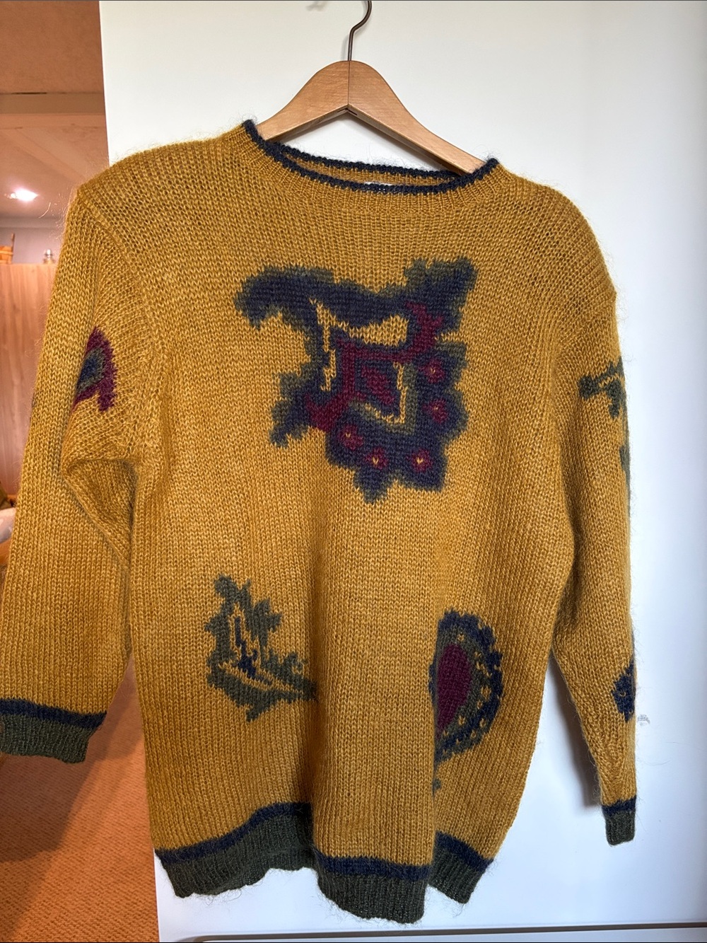 Vintage Bianca Fuzzy Intarsia Sweater Mustard Shoulder Pads 80s 90s